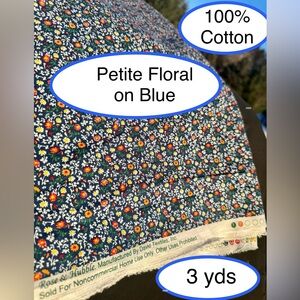 Petite floral on Navy Blue Background. 100% Cotton. Laundered & pressed. 3 Yards